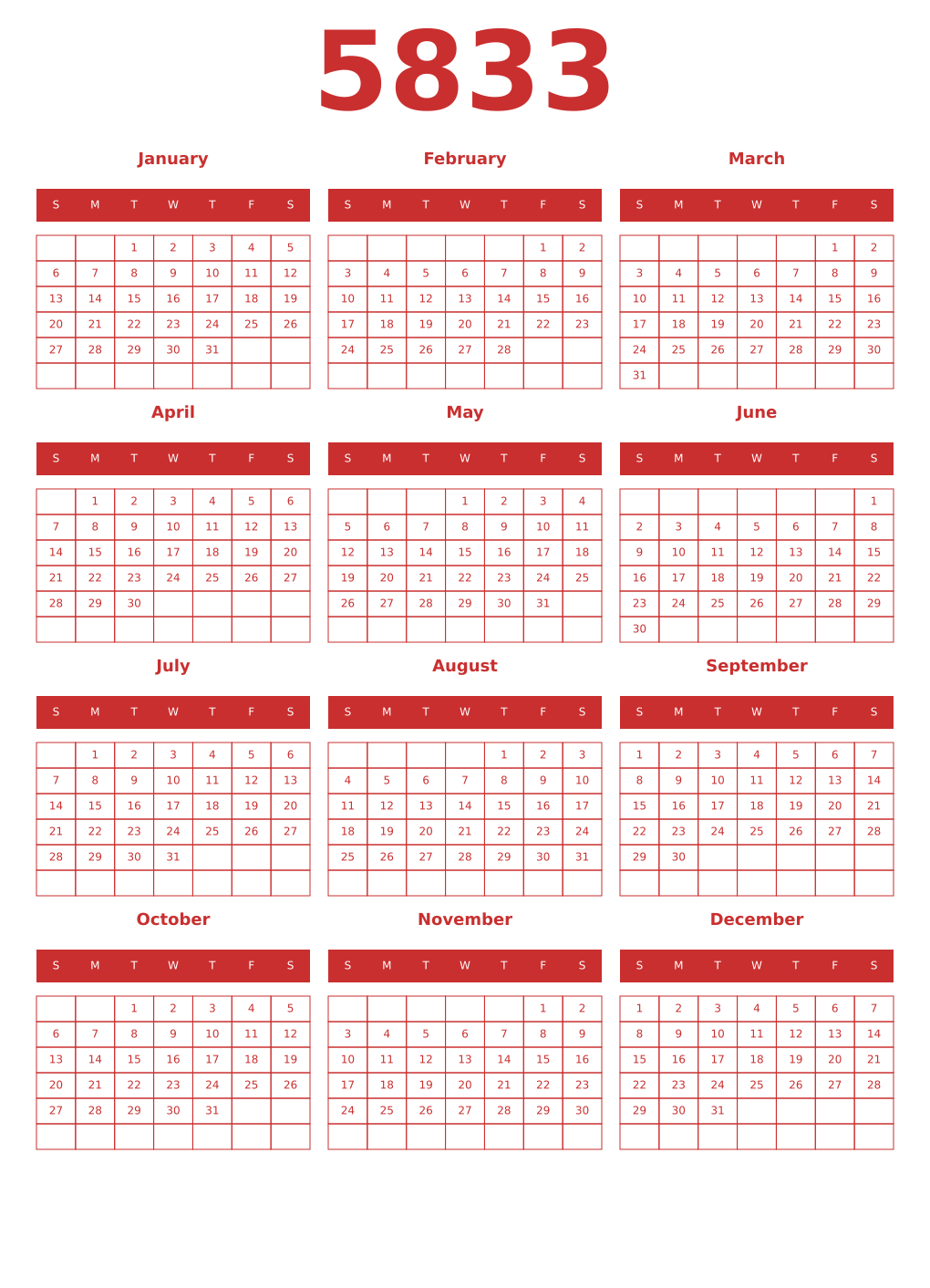Printable 5833 Year Calendars red