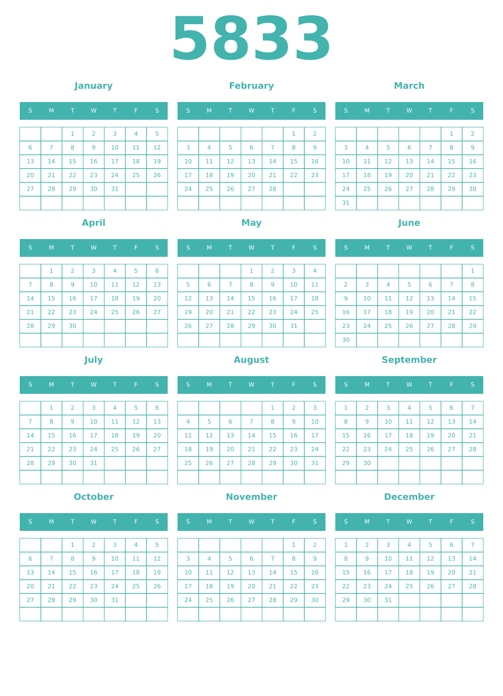 Printable 5833 Year Calendars verdigris