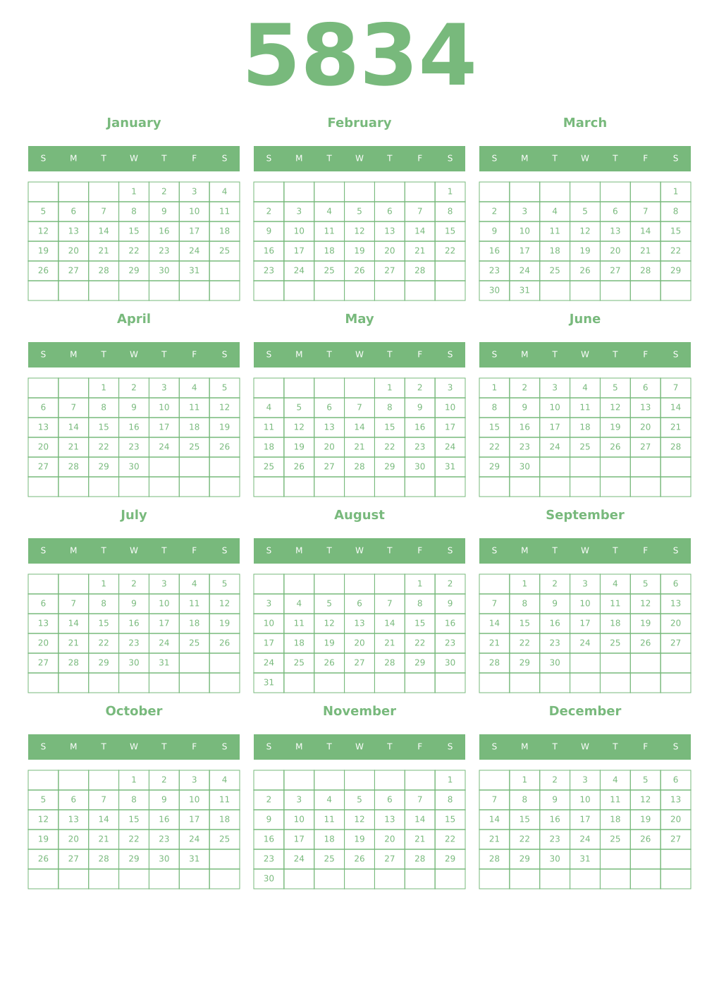 Printable 5834 Year Calendars celadon