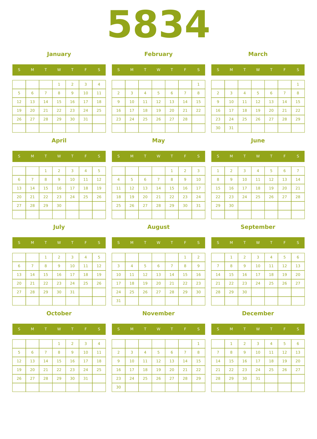 Printable 5834 Year Calendars chartreuse
