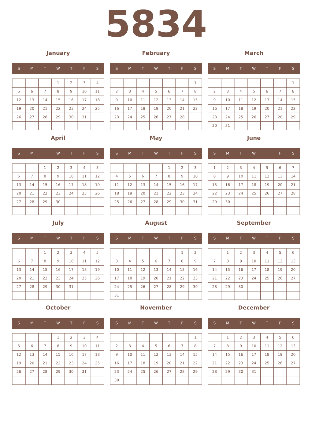 Printable 5834 Year Calendars coffe