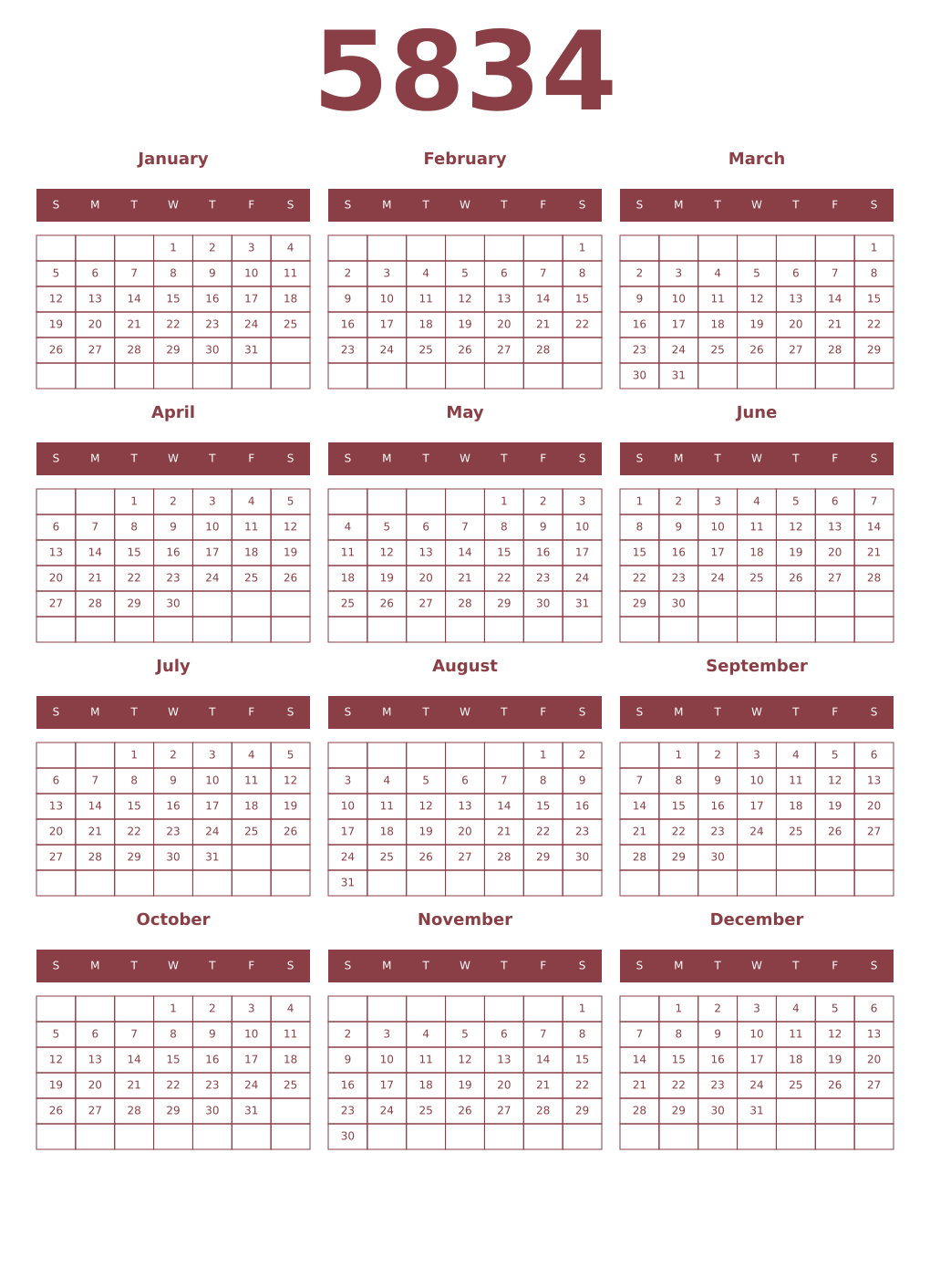 Printable 5834 Year Calendars cordovan