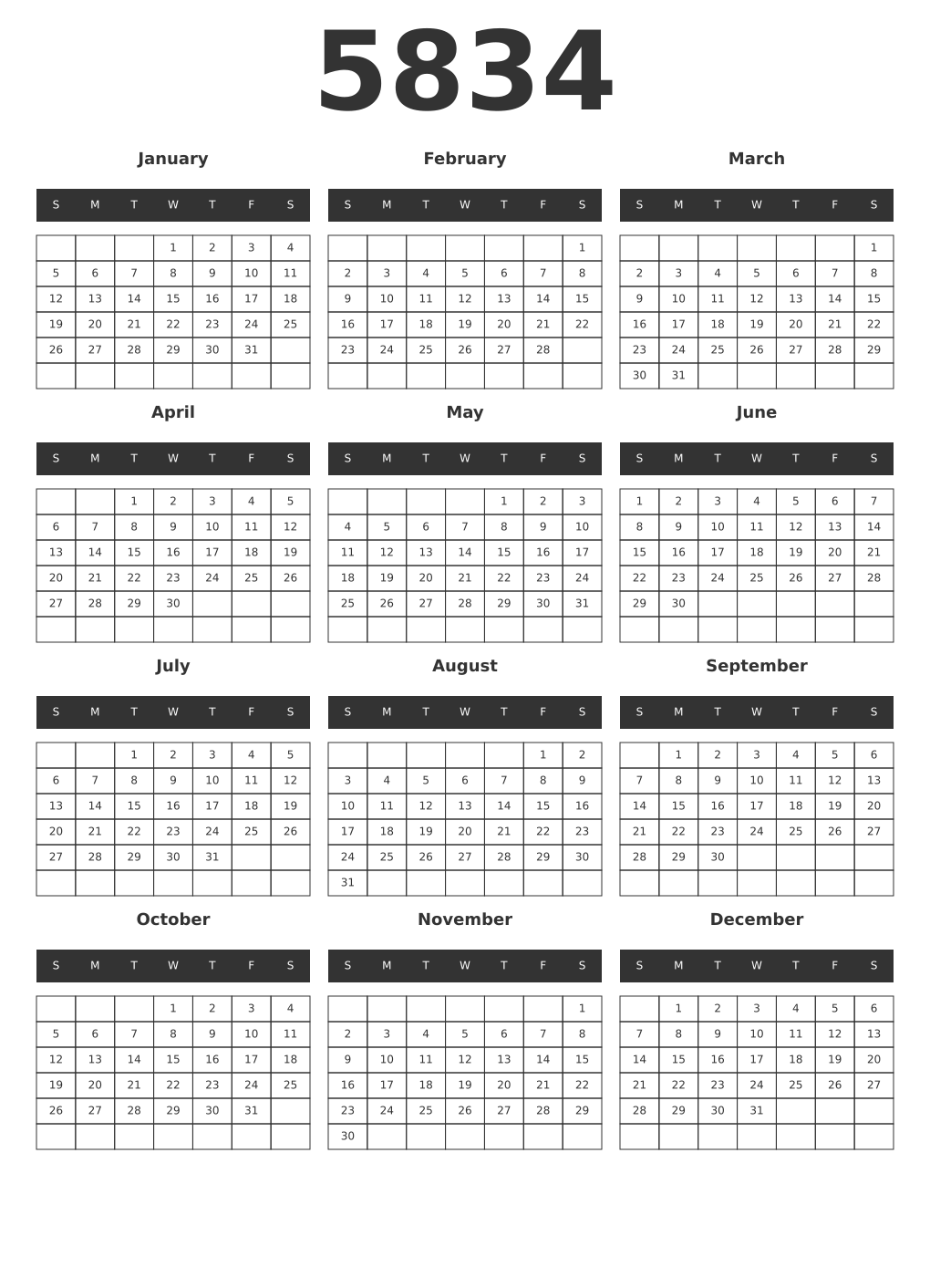 Printable 5834 Year Calendars dark