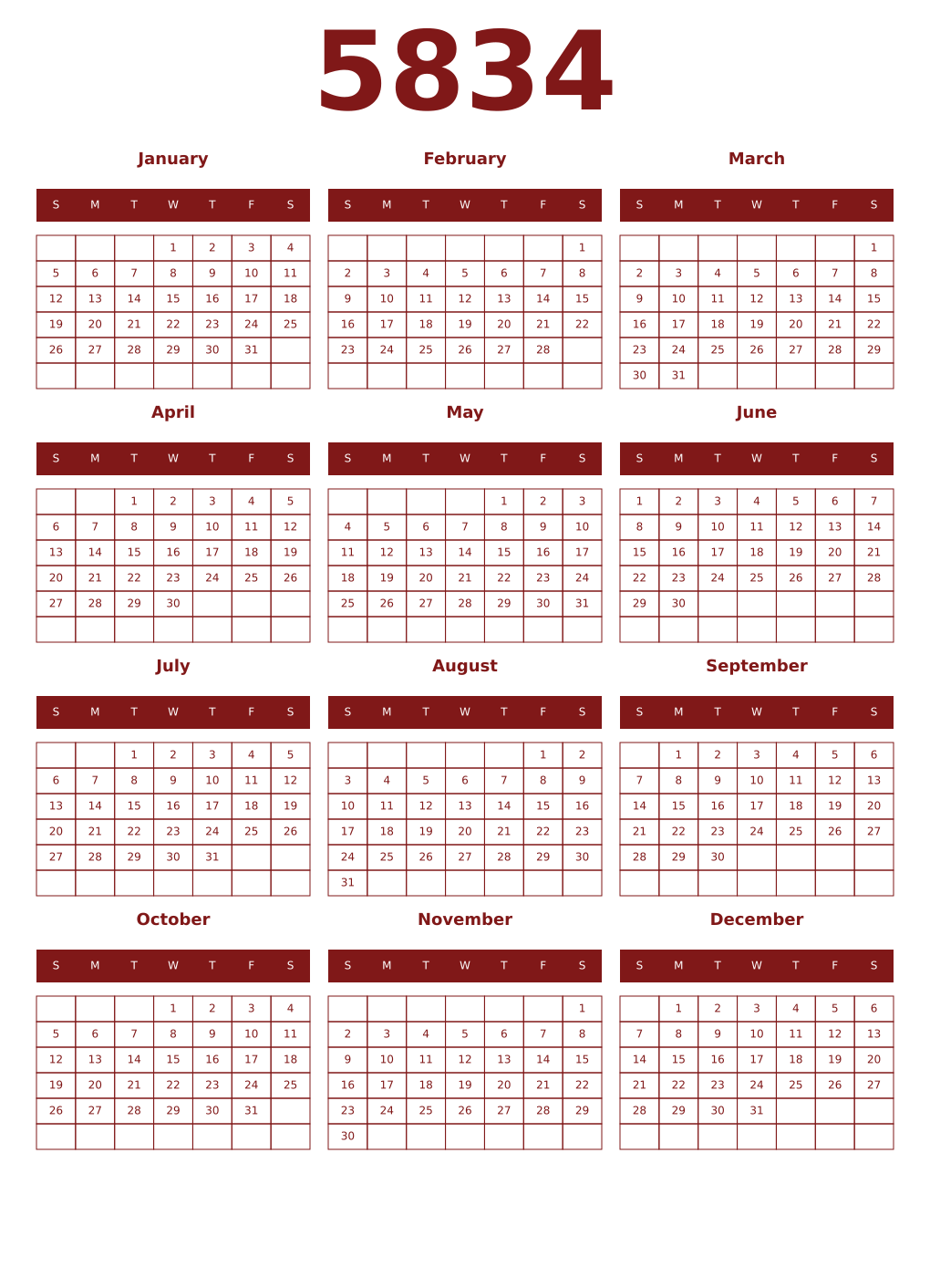 Printable 5834 Year Calendars falu