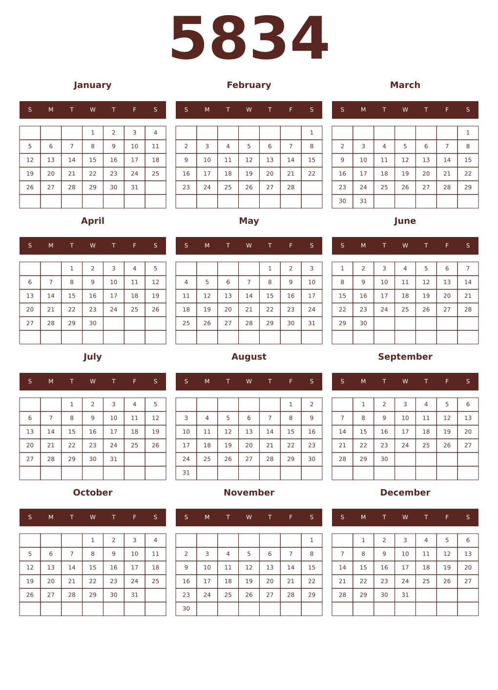 Printable 5834 Year Calendars mortuum