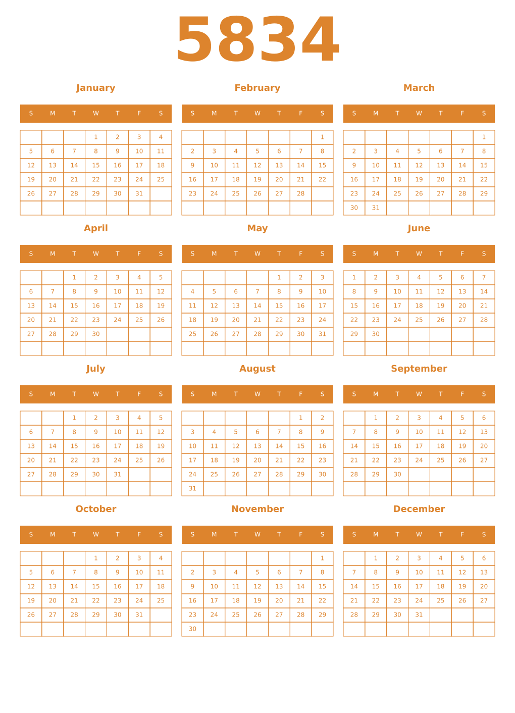 Printable 5834 Year Calendars orange