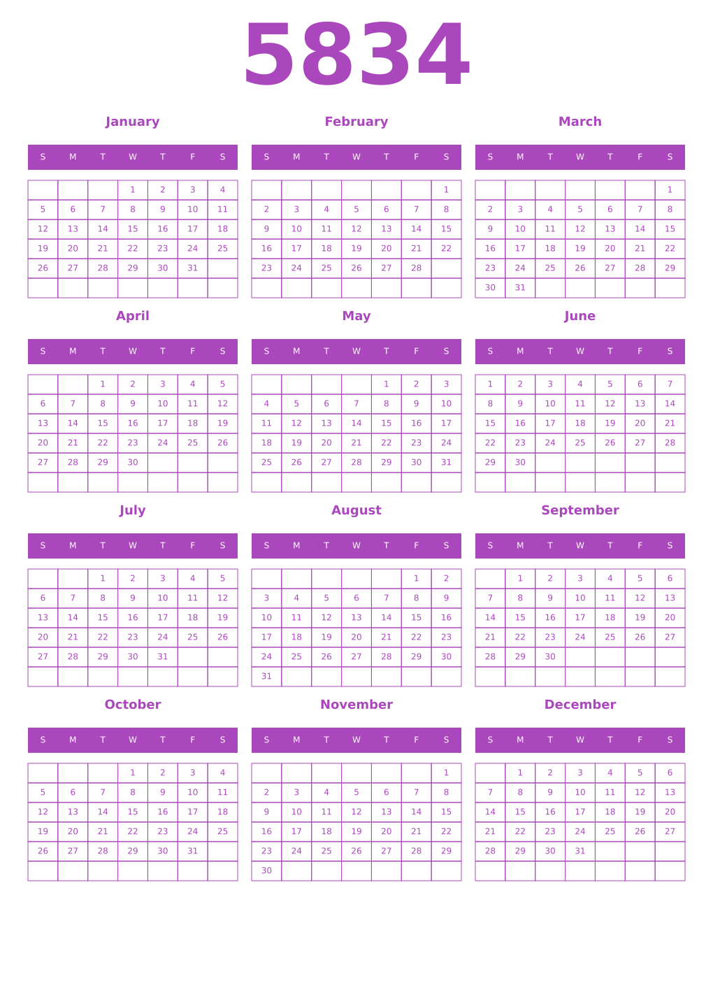 Printable 5834 Year Calendars purple