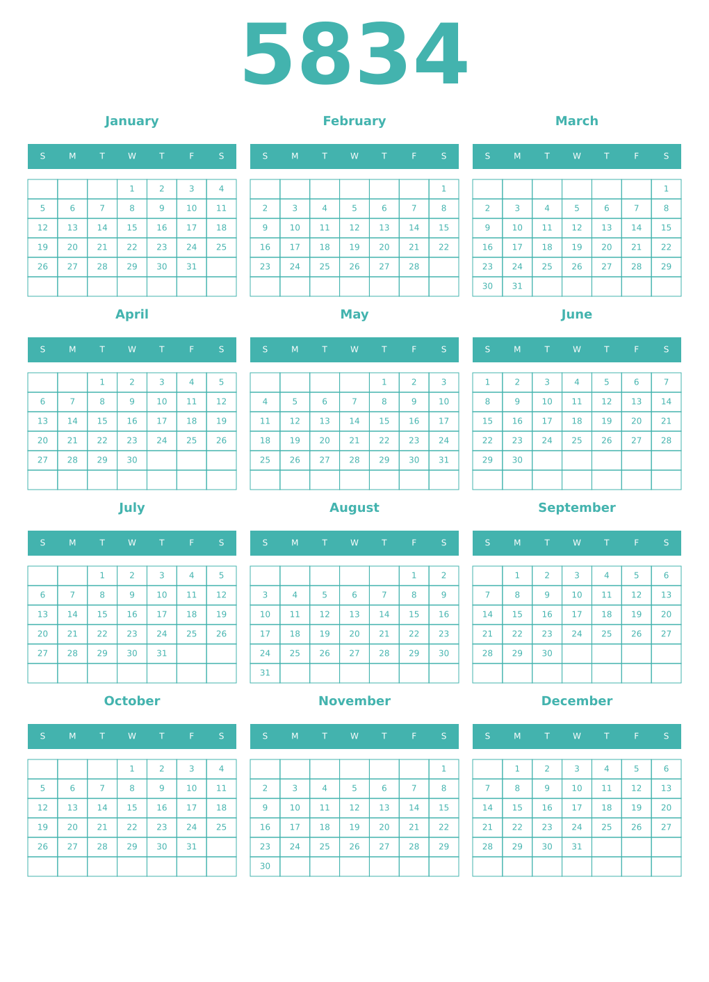 Printable 5834 Year Calendars verdigris