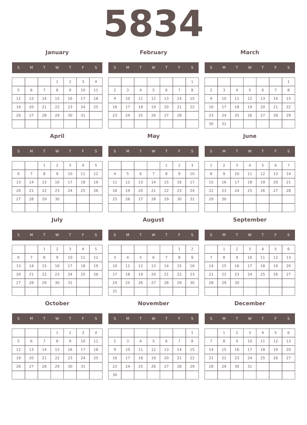 Printable 5834 Year Calendars wenge