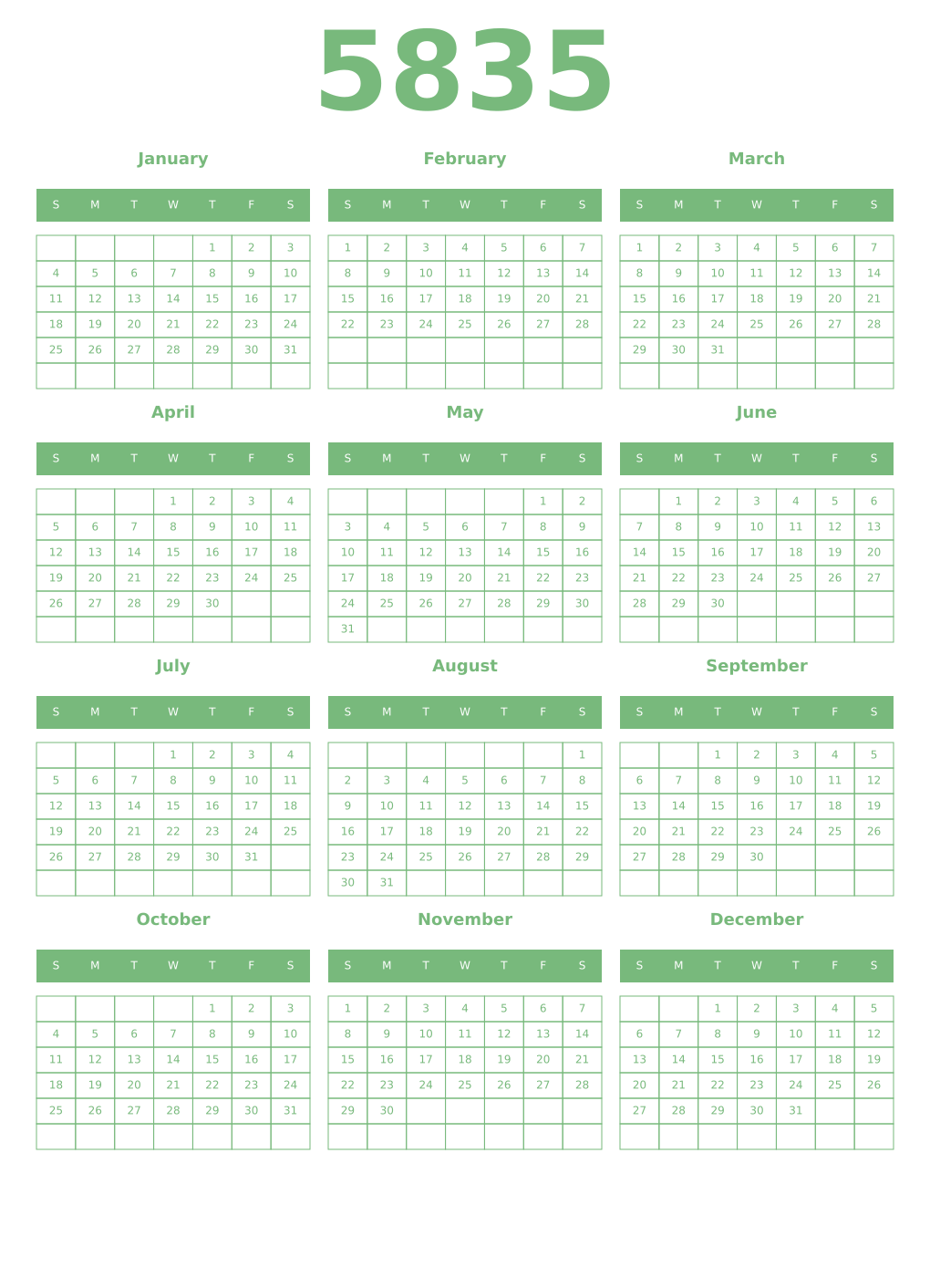 Printable 5835 Year Calendars celadon
