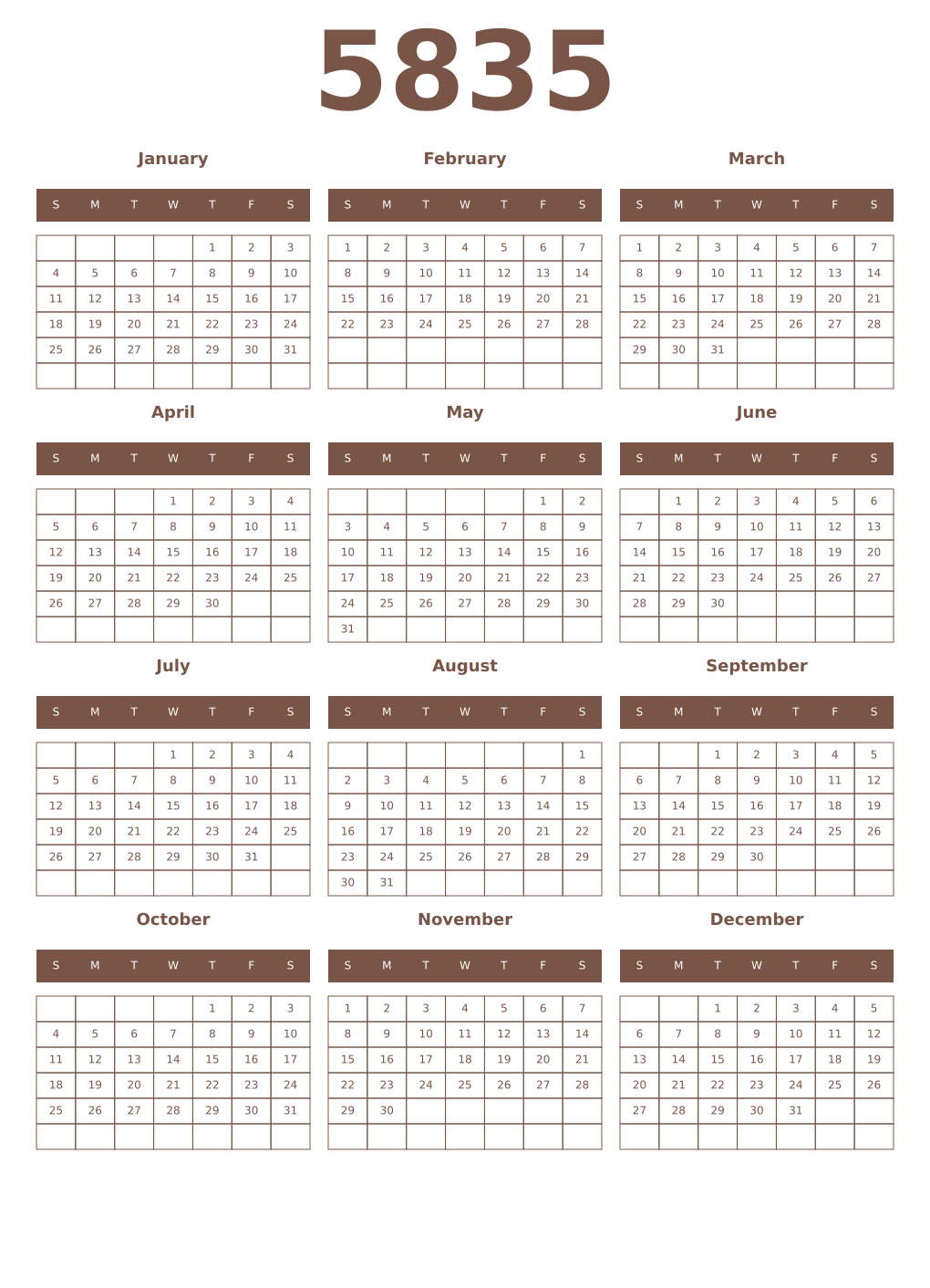 Printable 5835 Year Calendars coffe