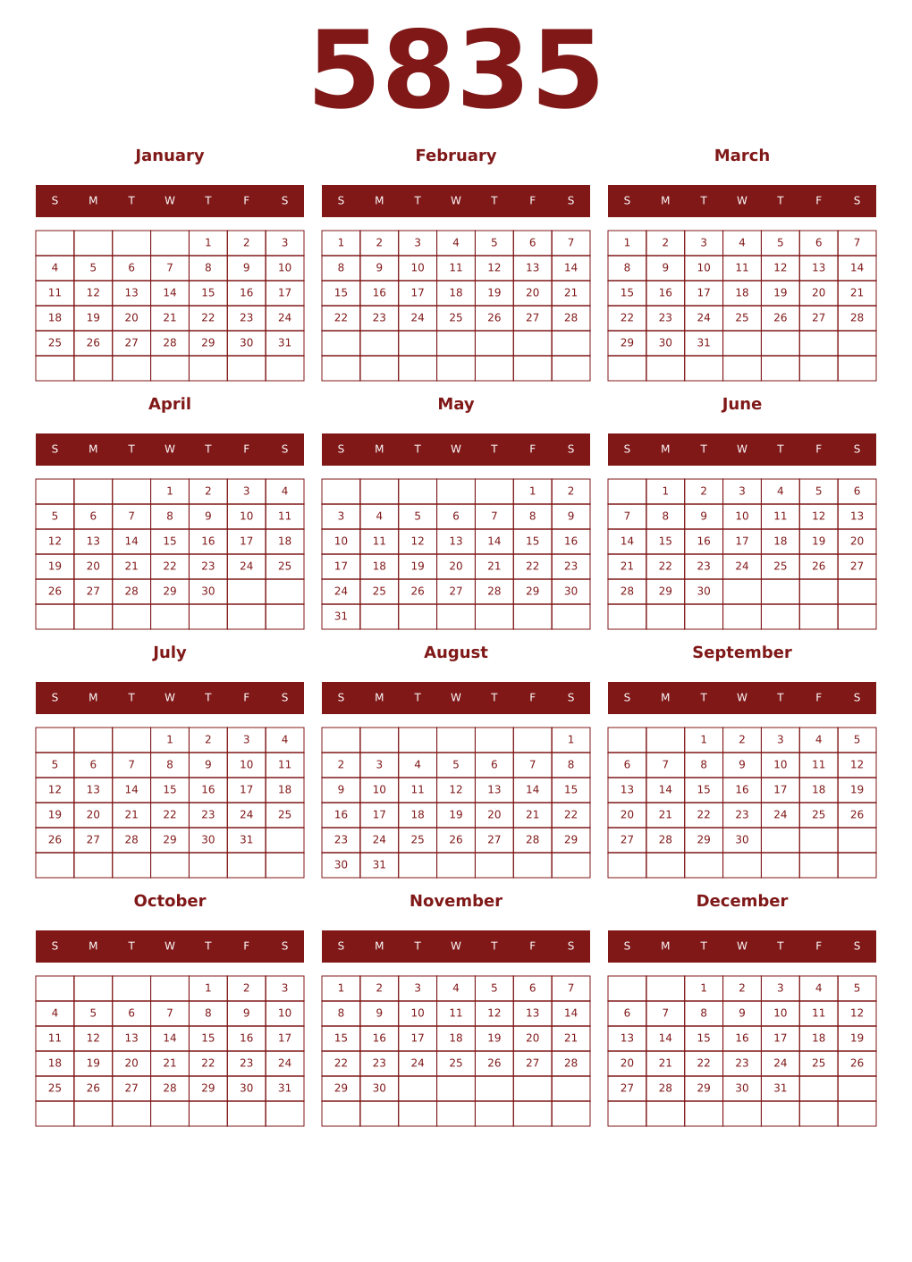 Printable 5835 Year Calendars falu