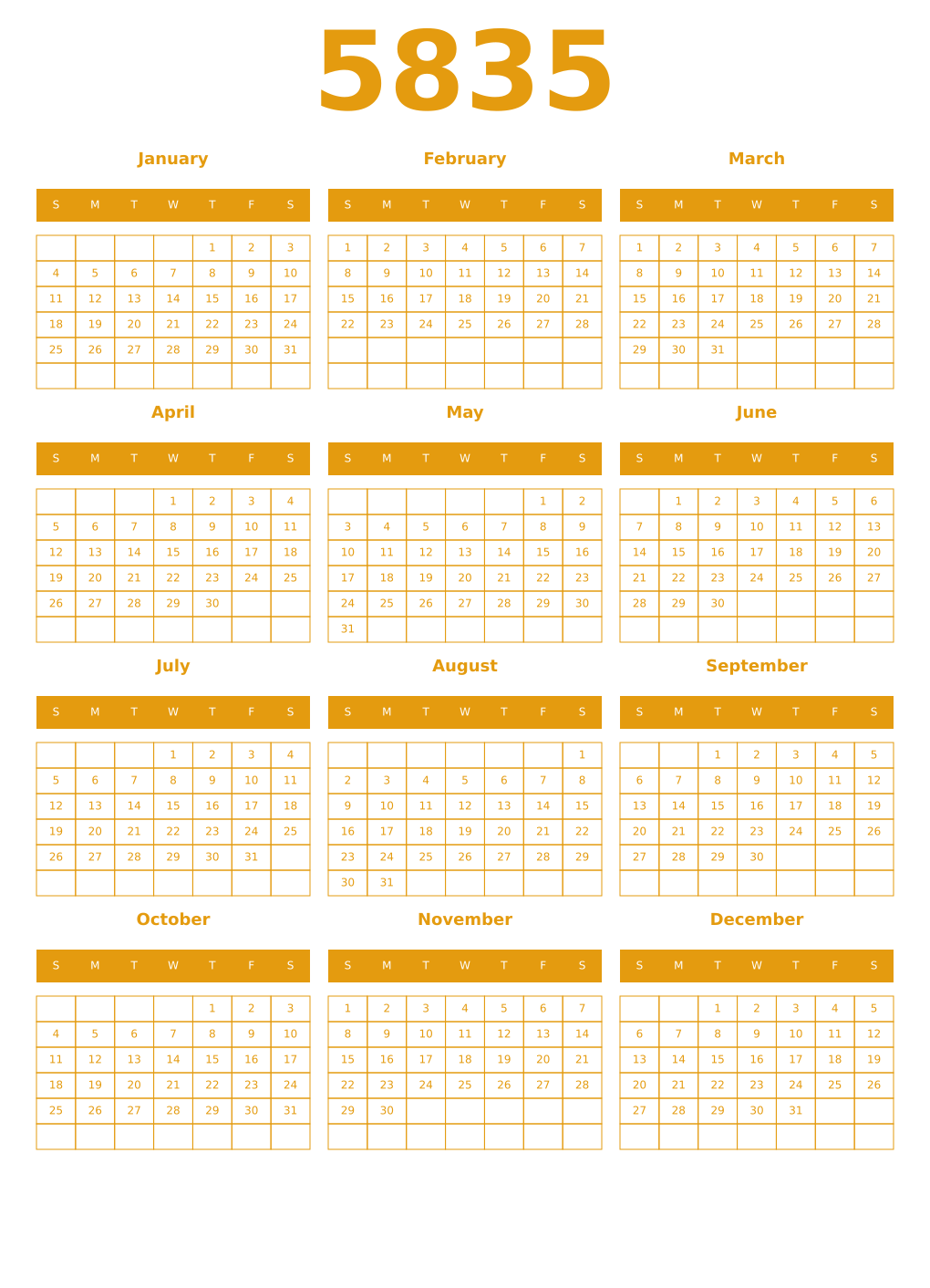 Printable 5835 Year Calendars gamboge