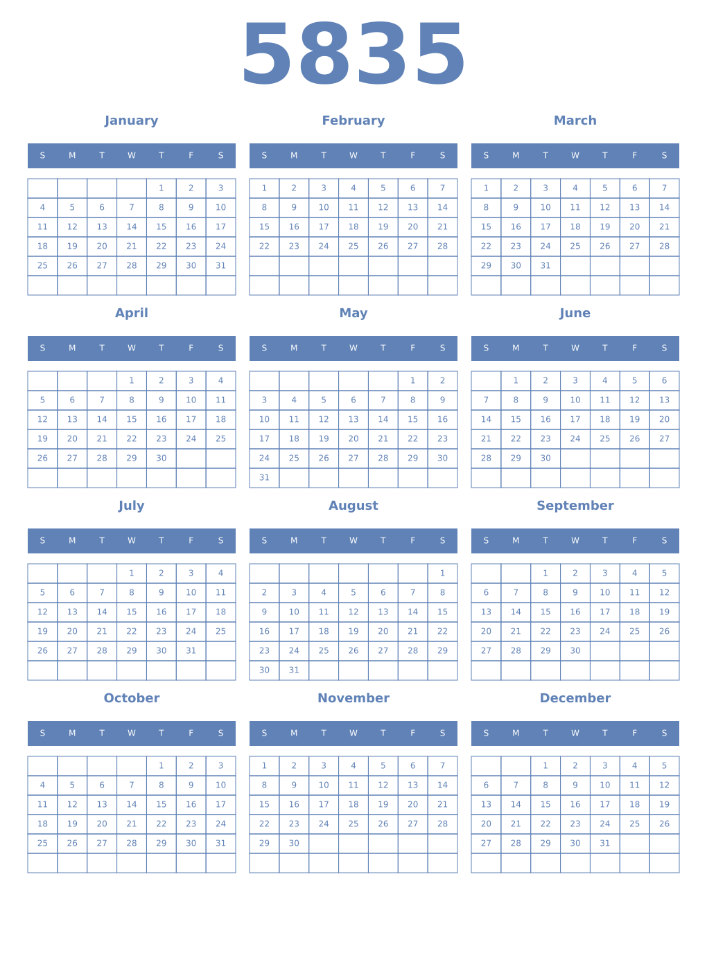 Printable 5835 Year Calendars glaucous