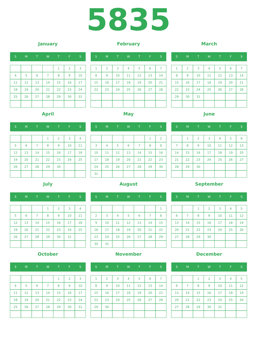 Printable 5835 Year Calendars green