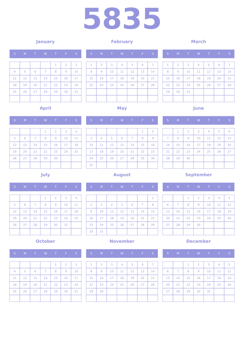 Printable 5835 Year Calendars periwinkle