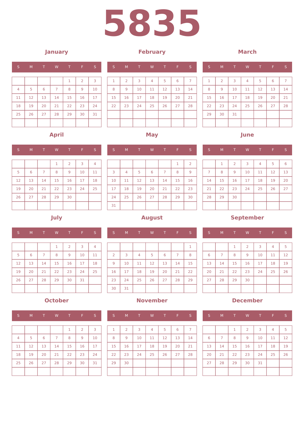 Printable 5835 Year Calendars puce