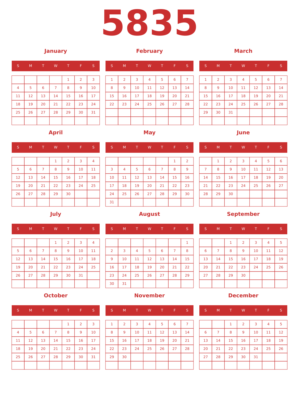Printable 5835 Year Calendars red