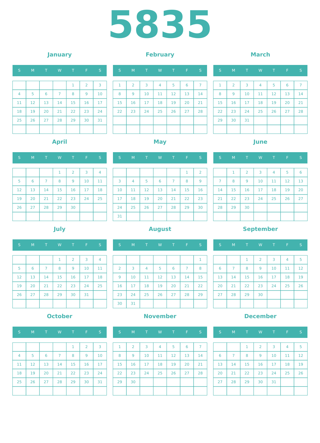 Printable 5835 Year Calendars verdigris