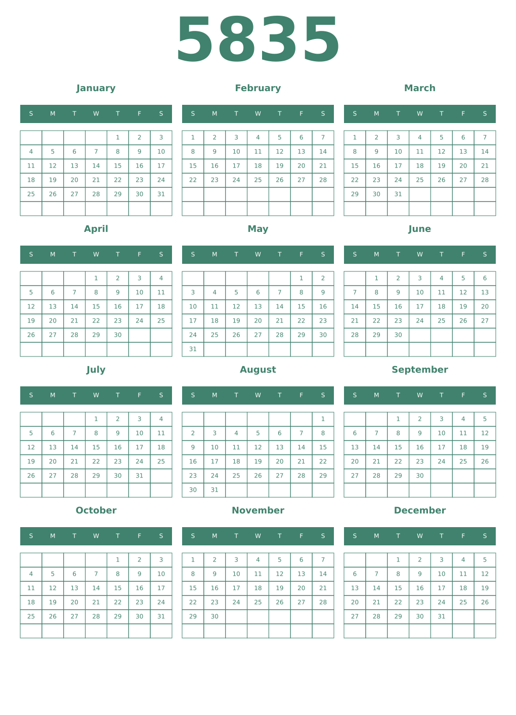 Printable 5835 Year Calendars viridian