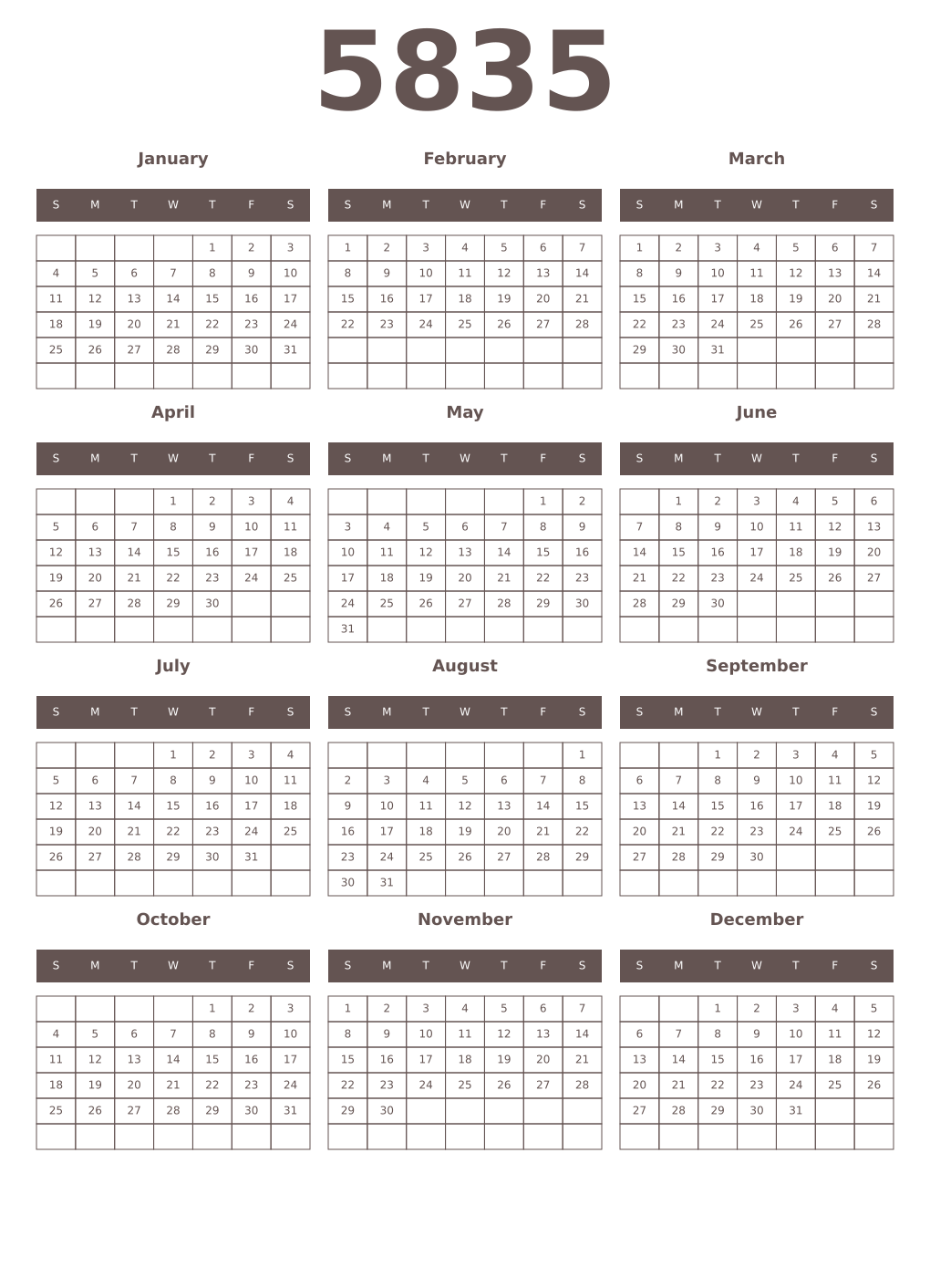 Printable 5835 Year Calendars wenge