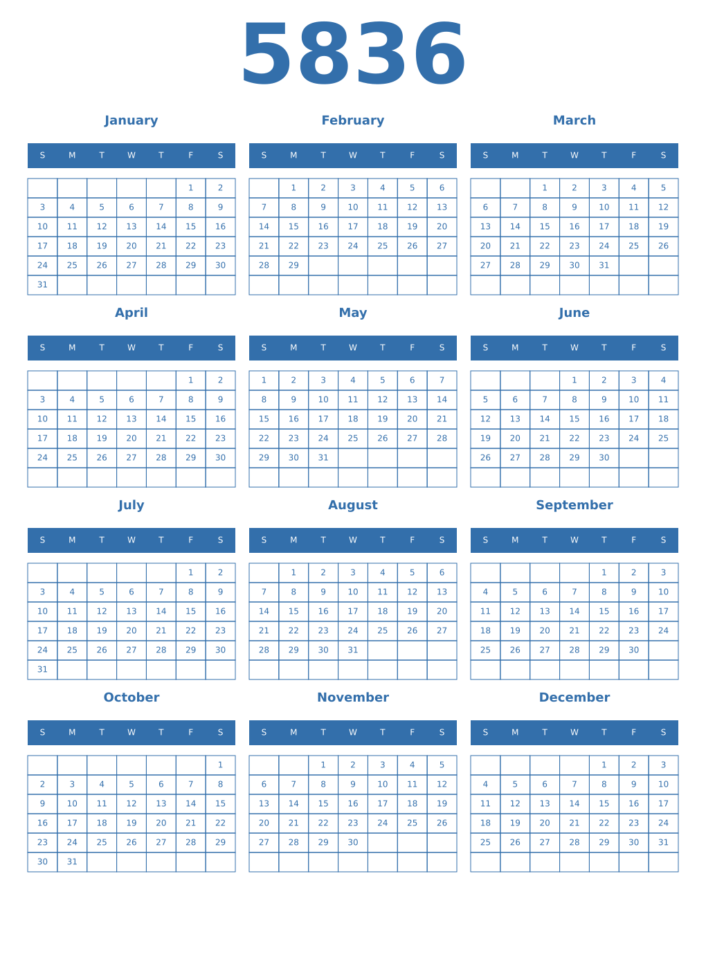 Printable 5836 Year Calendars blue