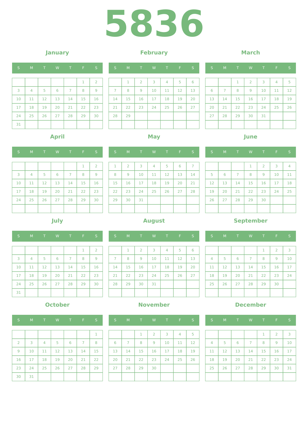 Printable 5836 Year Calendars celadon