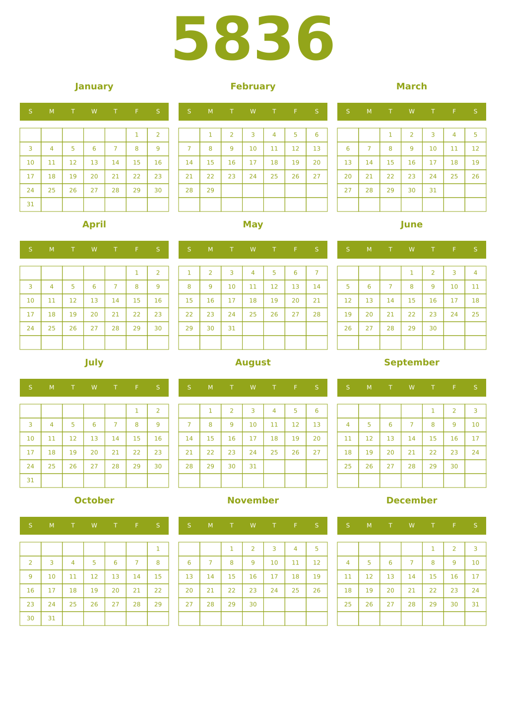 Printable 5836 Year Calendars chartreuse