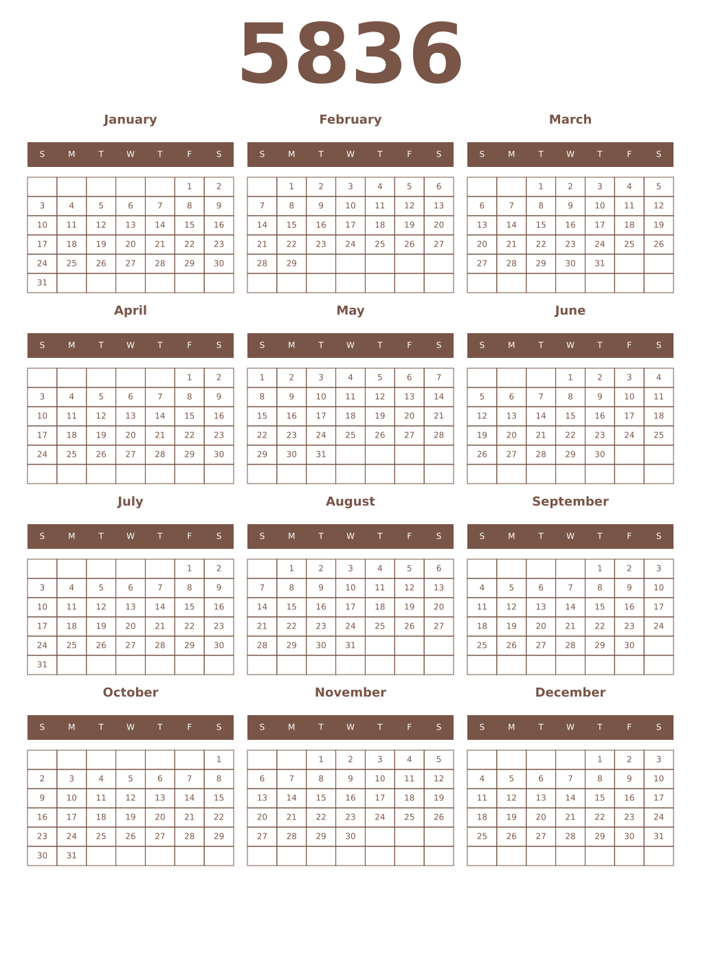 Printable 5836 Year Calendars coffe