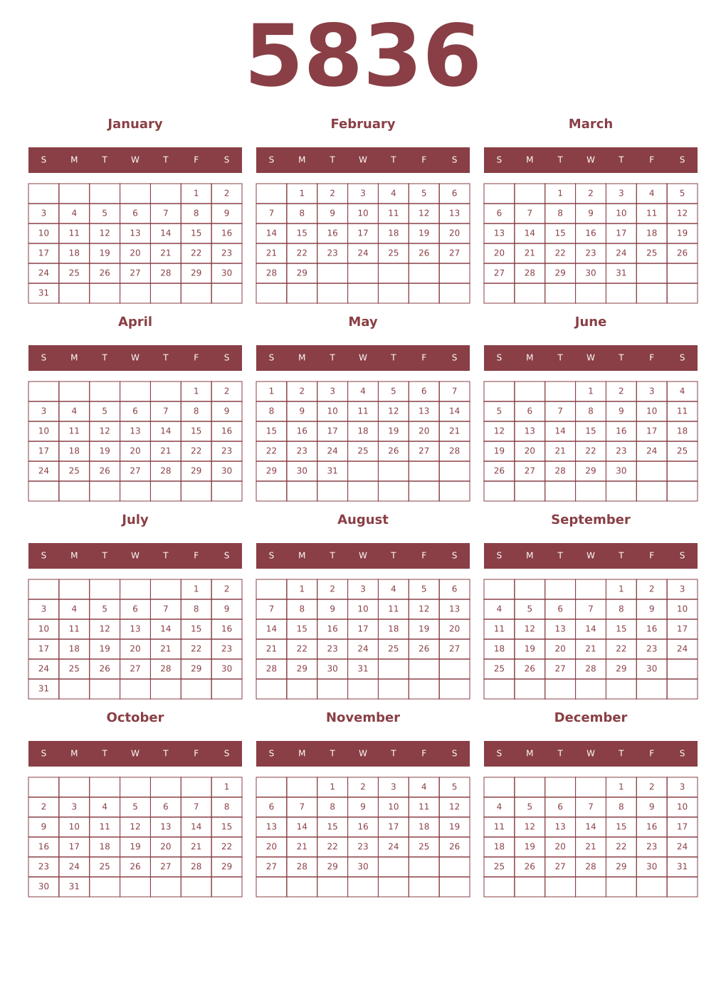 Printable 5836 Year Calendars cordovan
