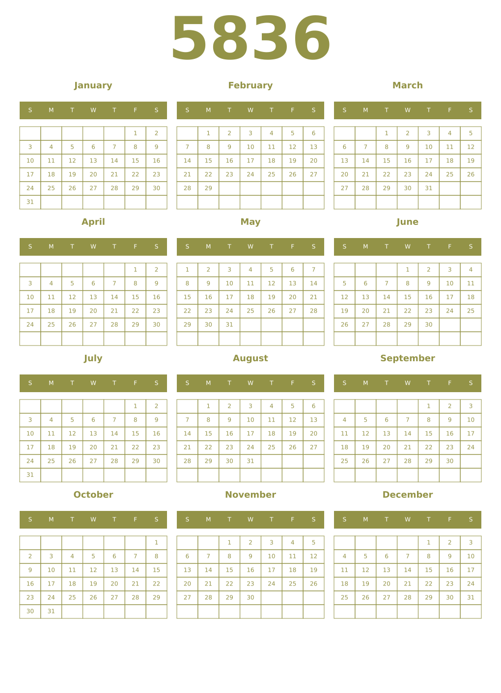 Printable 5836 Year Calendars eburnean