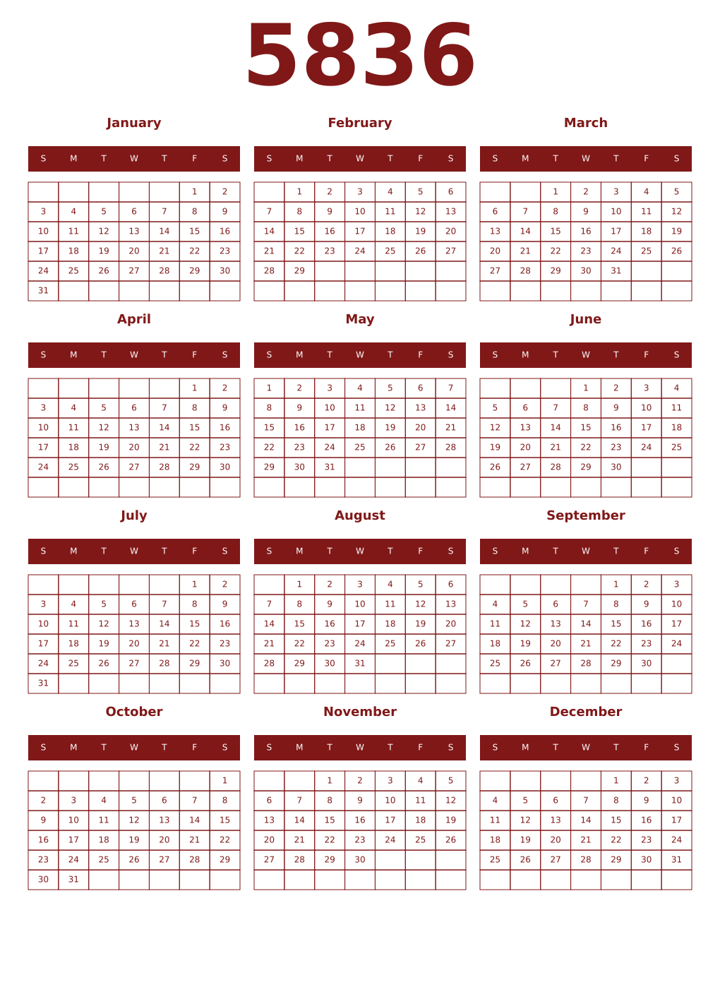Printable 5836 Year Calendars falu
