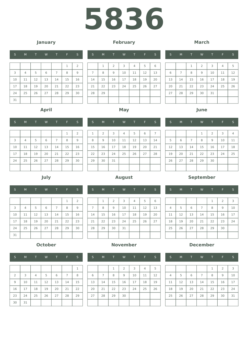 Printable 5836 Year Calendars feldgrau