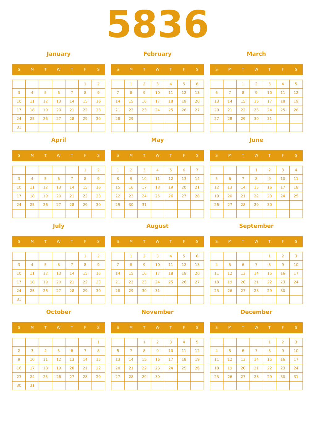 Printable 5836 Year Calendars gamboge