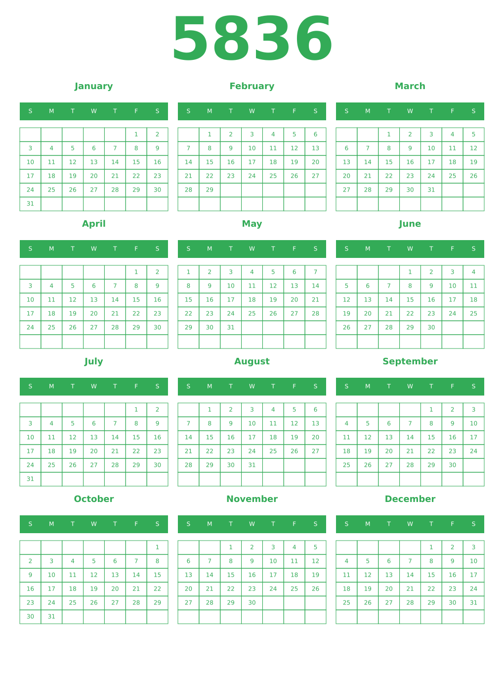 Printable 5836 Year Calendars green