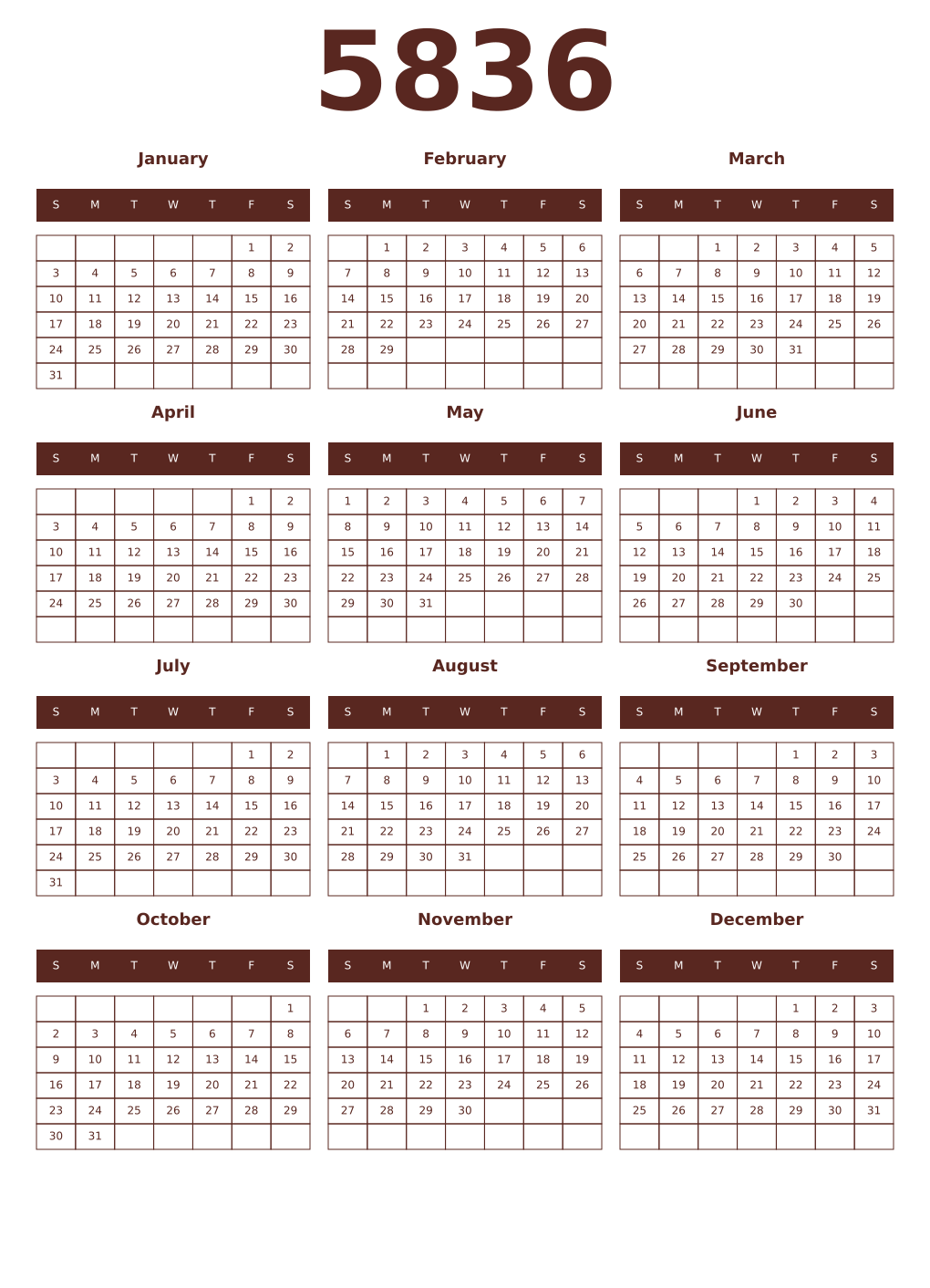 Printable 5836 Year Calendars mortuum