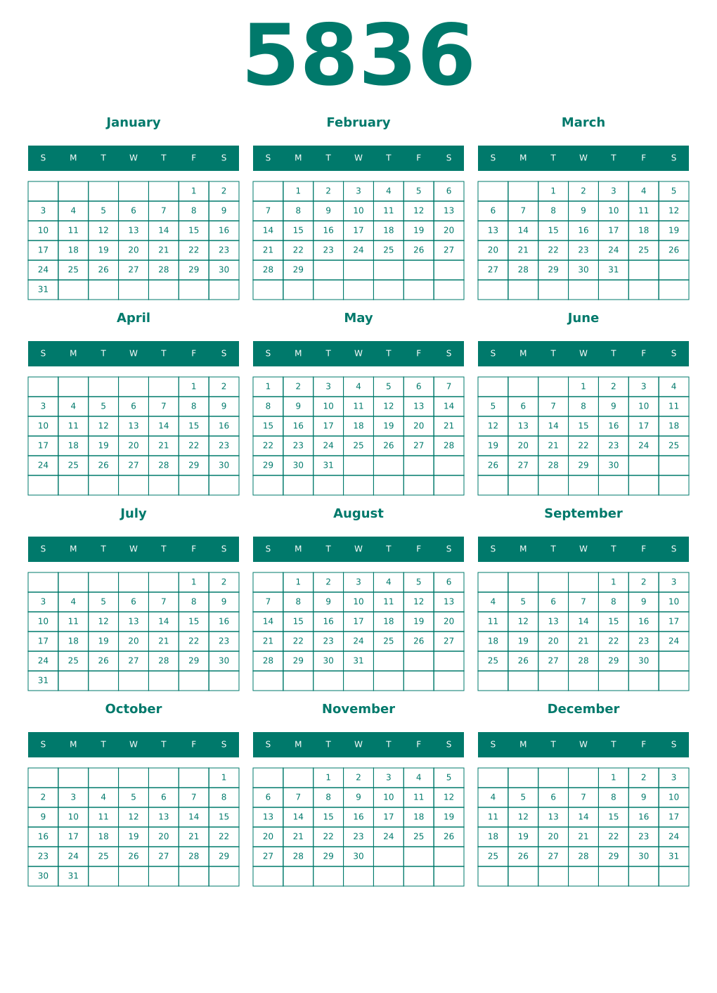 Printable 5836 Year Calendars pastel