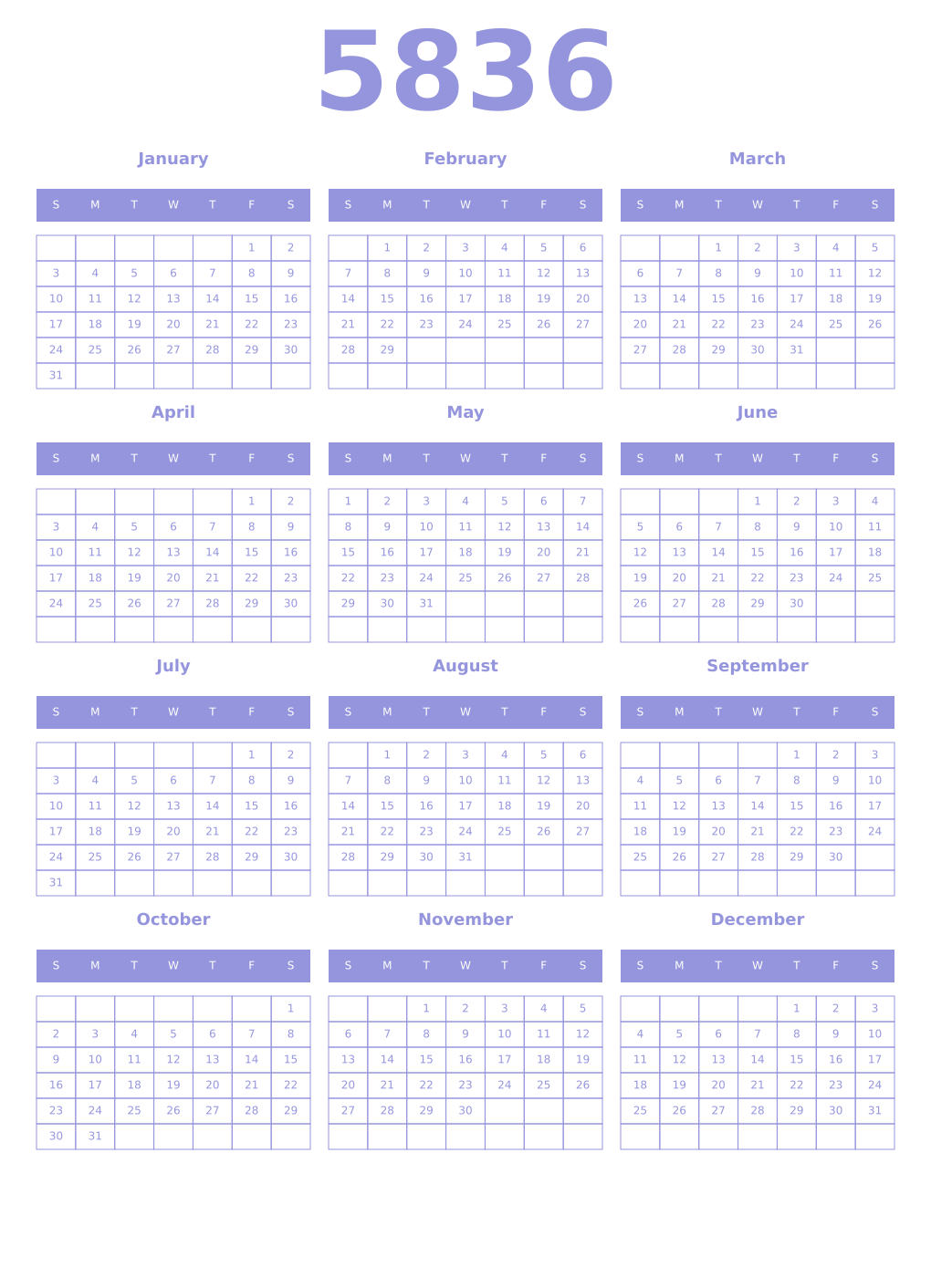 Printable 5836 Year Calendars periwinkle