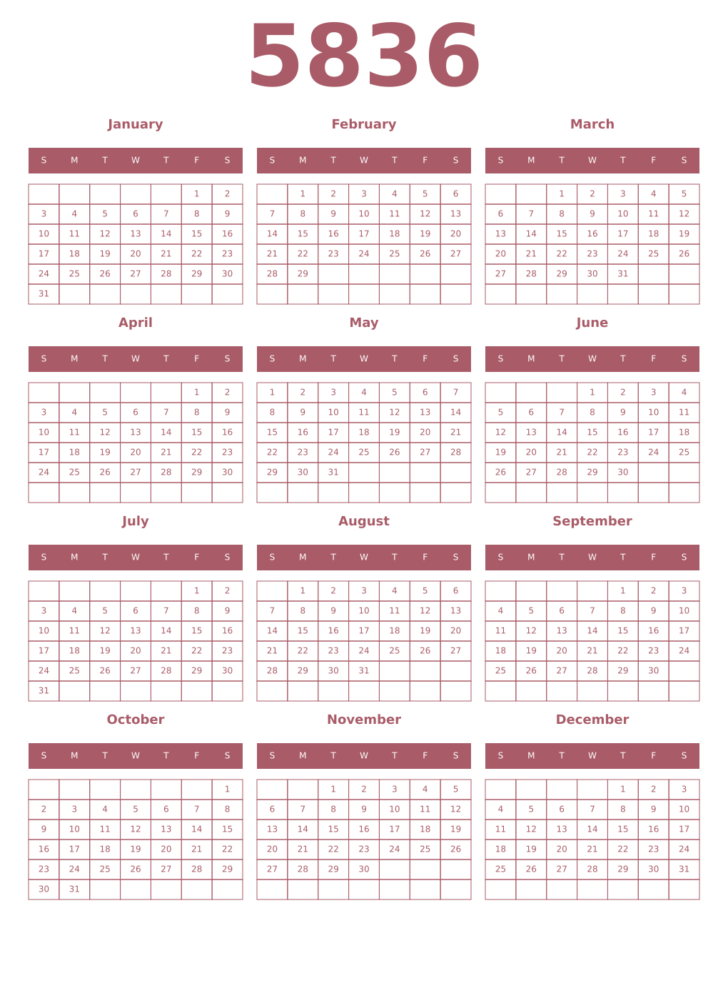 Printable 5836 Year Calendars puce