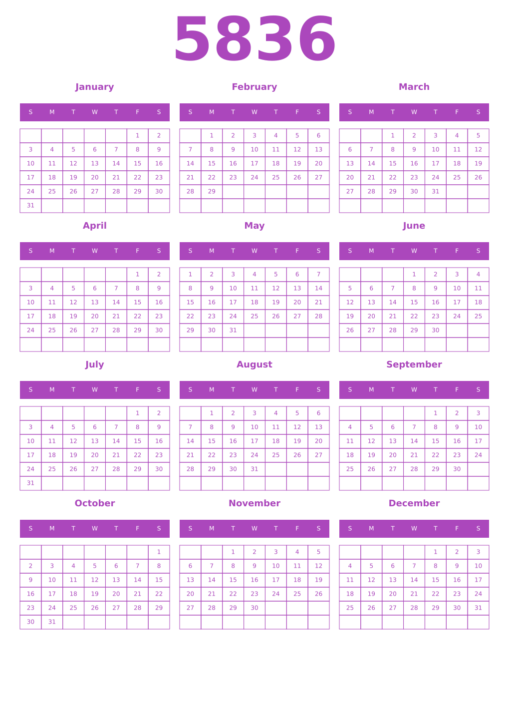 Printable 5836 Year Calendars purple
