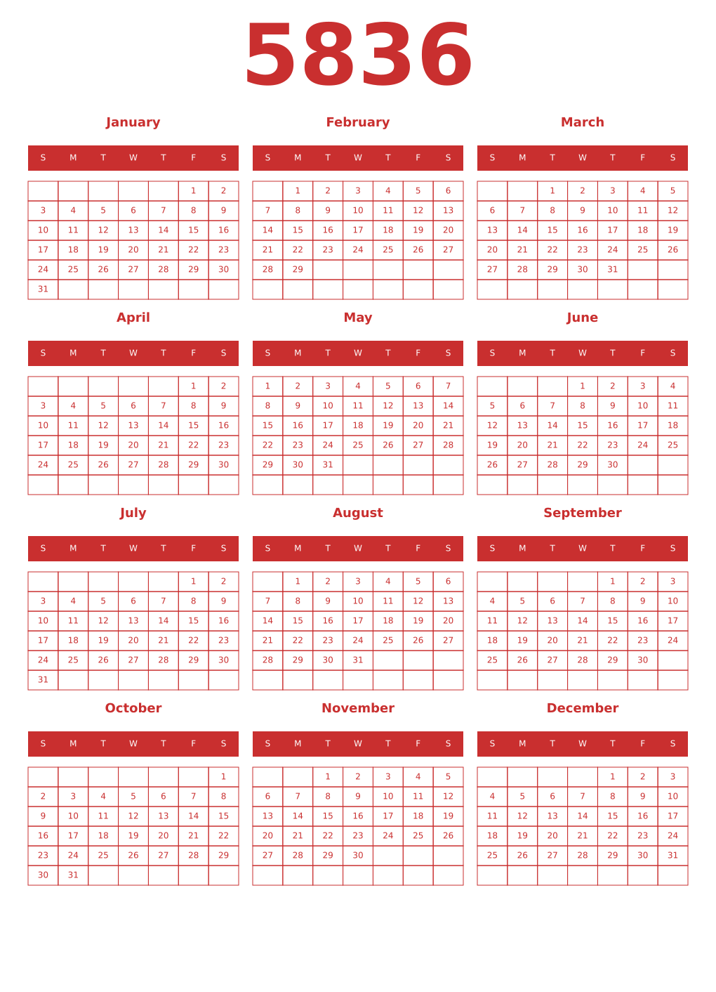 Printable 5836 Year Calendars red