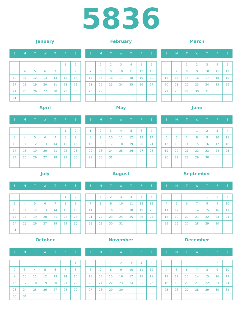 Printable 5836 Year Calendars verdigris