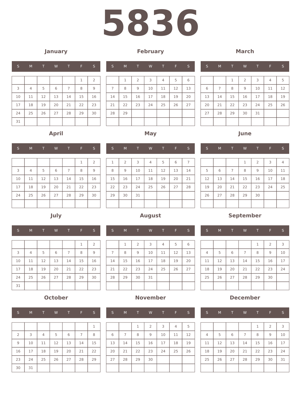 Printable 5836 Year Calendars wenge
