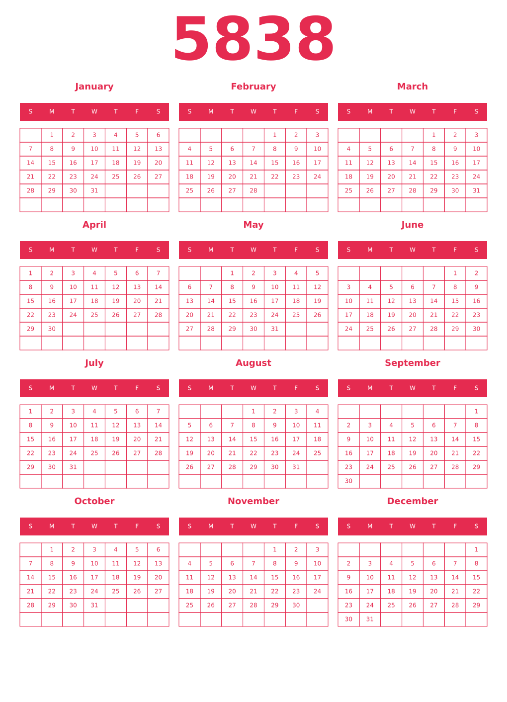 Printable 5838 Year Calendars amaranth