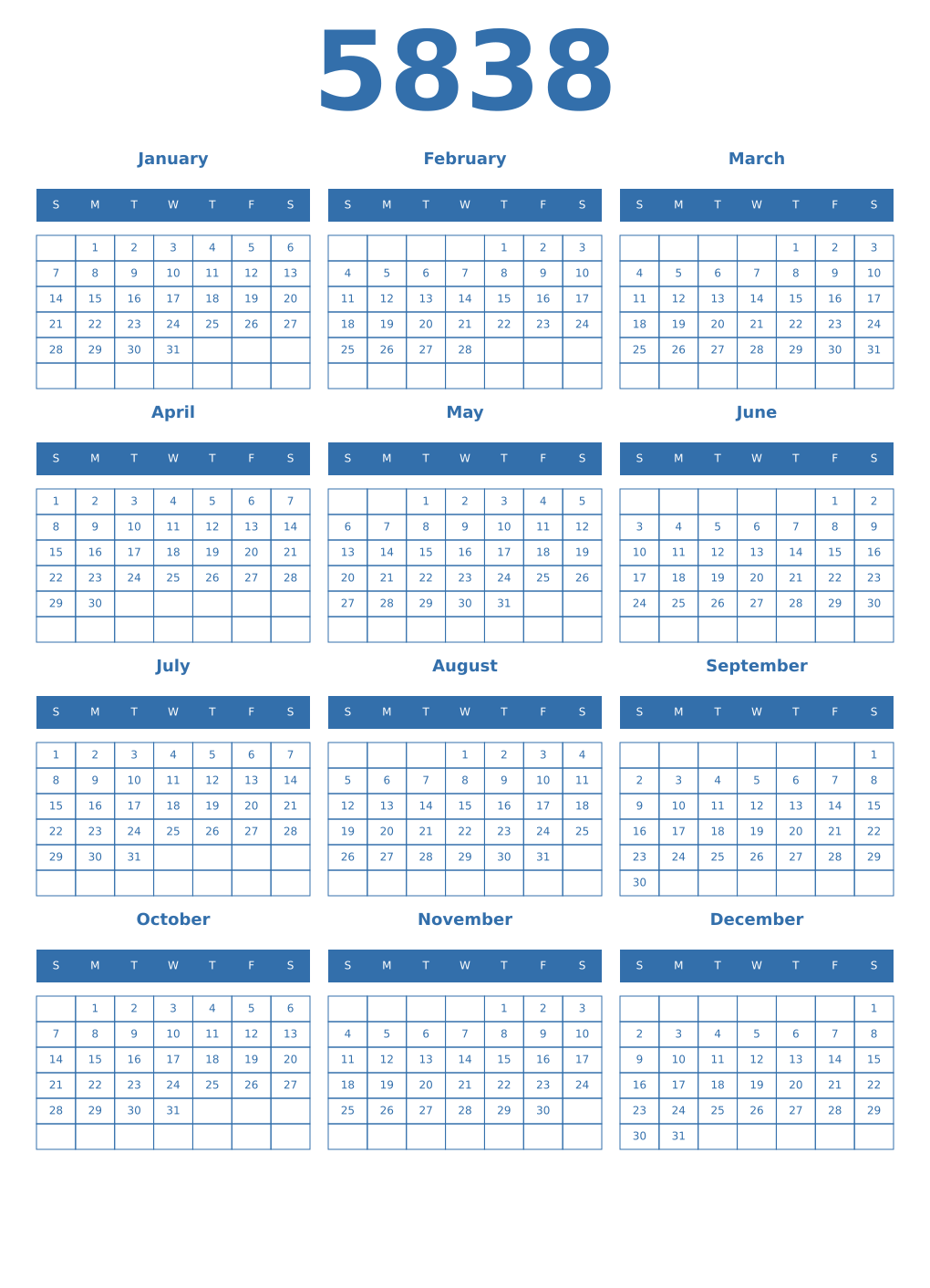 Printable 5838 Year Calendars blue