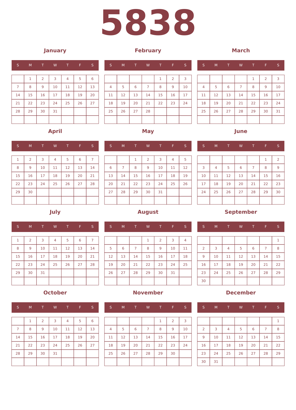Printable 5838 Year Calendars cordovan