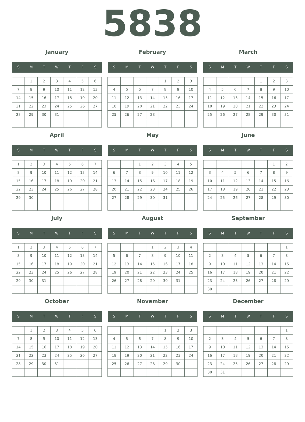Printable 5838 Year Calendars feldgrau