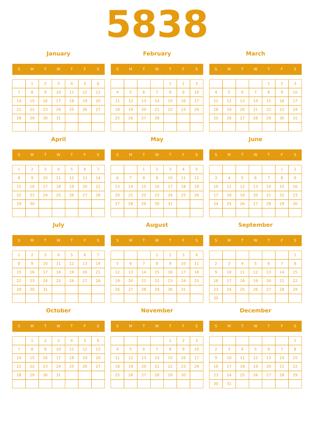 Printable 5838 Year Calendars gamboge