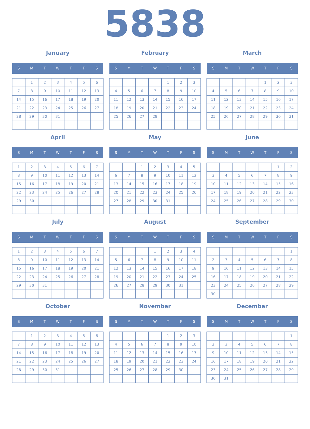 Printable 5838 Year Calendars glaucous