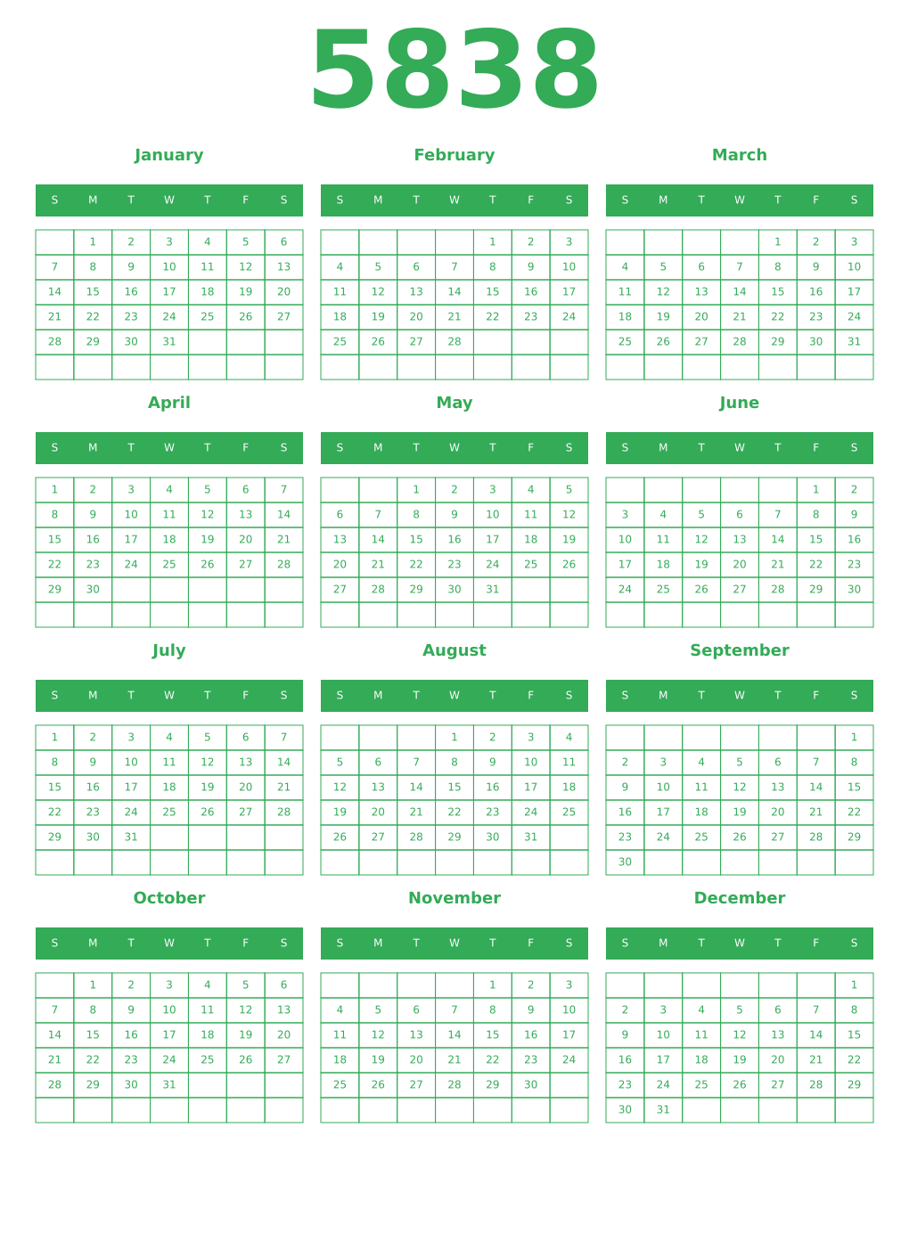Printable 5838 Year Calendars green